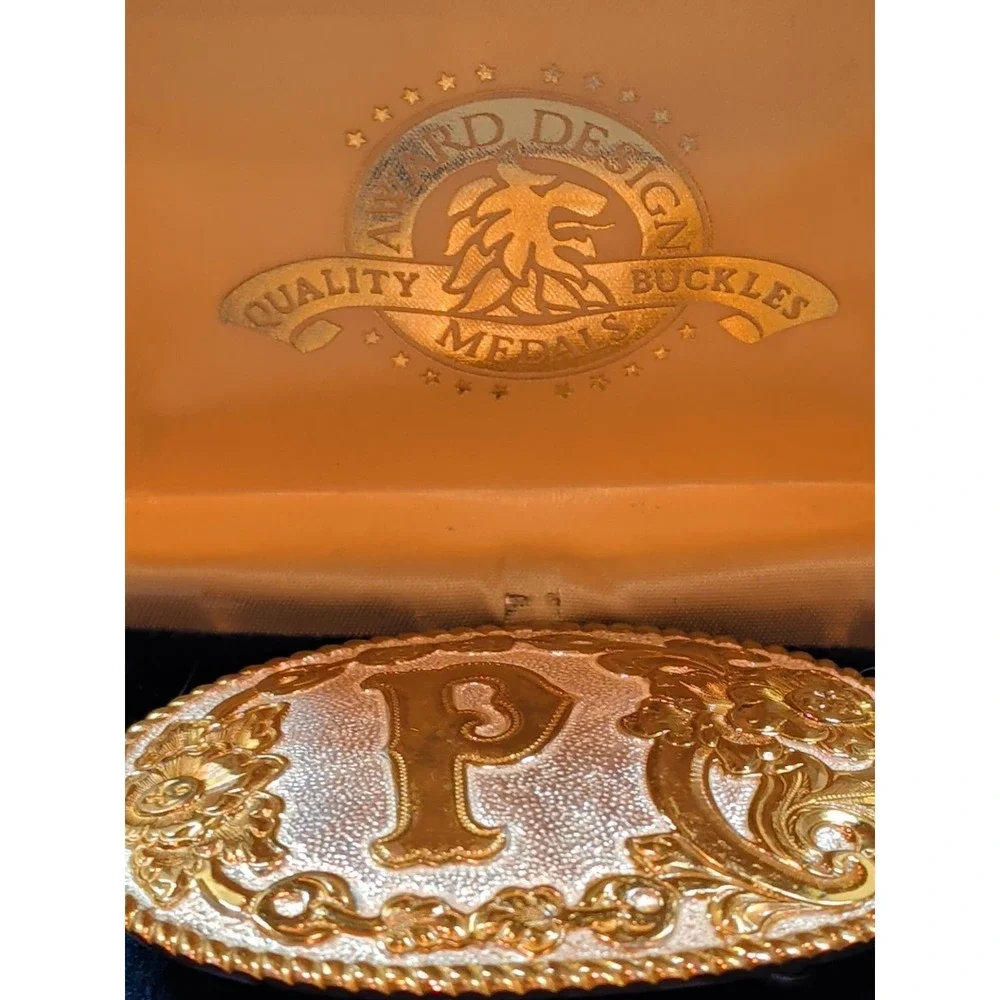 Vintage Crumrine Gold Tone Belt Buckle Initial P Floral Western Award Design Box